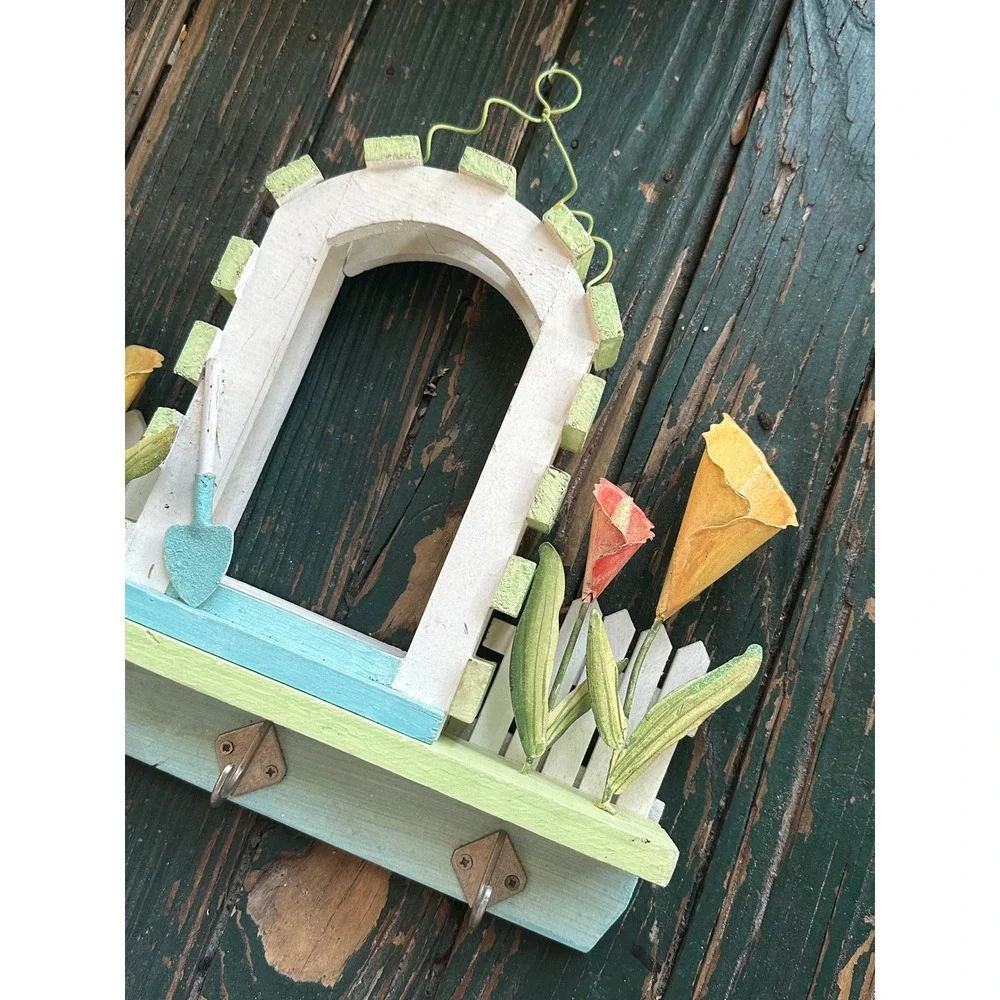 Garden Picket Fence Wooden Wall Shelf 3 Key Hooks Flowers Shovel Pastel Decor